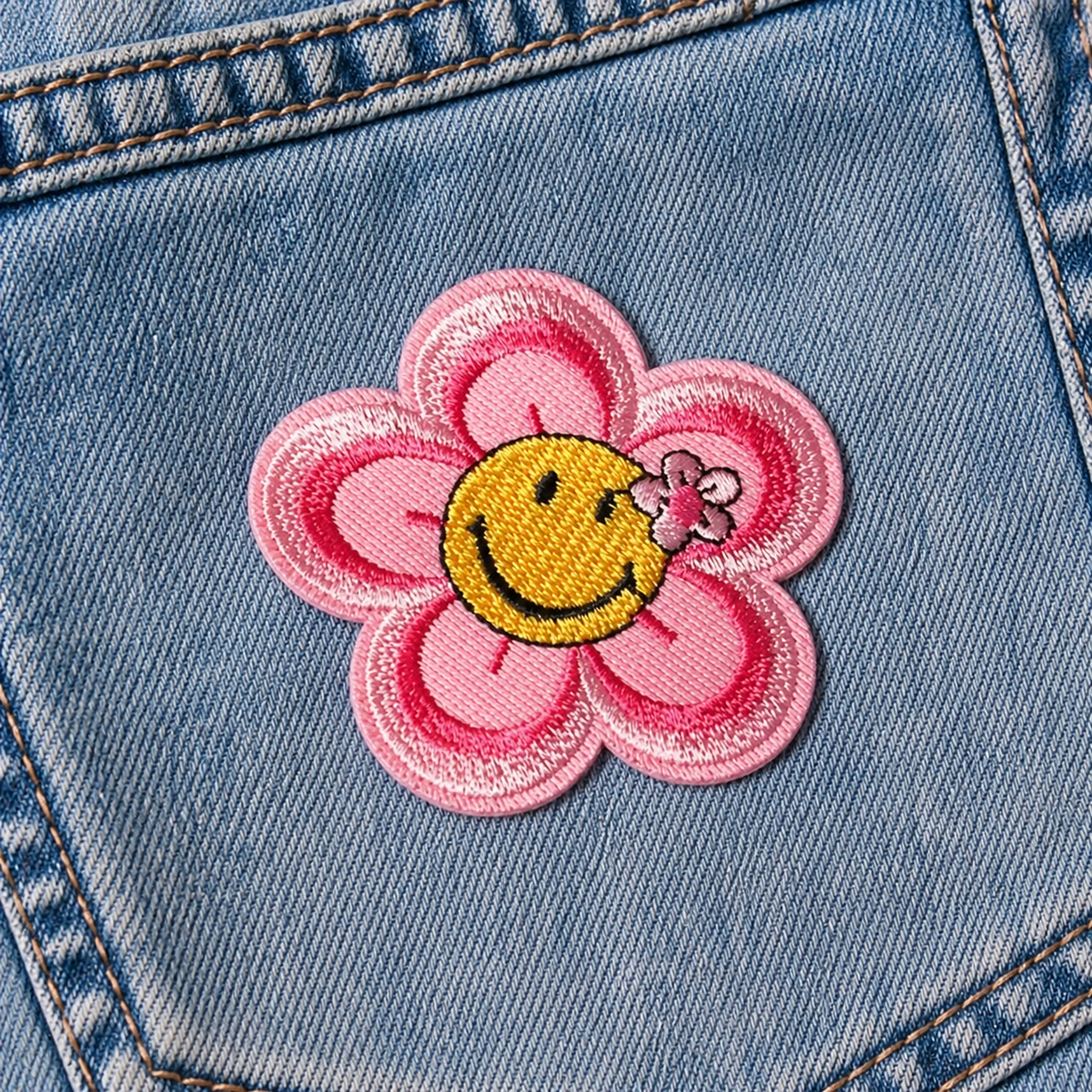 Blomma Smiley Rosa/Gul - Strykbart tygmärke
