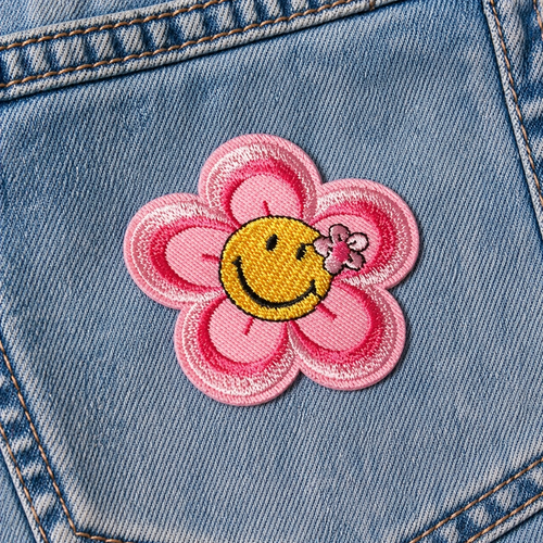 Blomma Smiley Rosa/Gul - Strykbart tygmärke