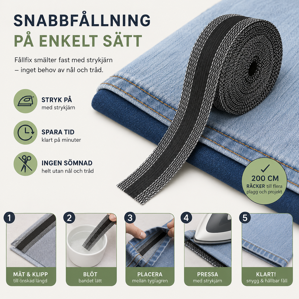 Fållband för byxor och gardiner – strykbart, 2 meter