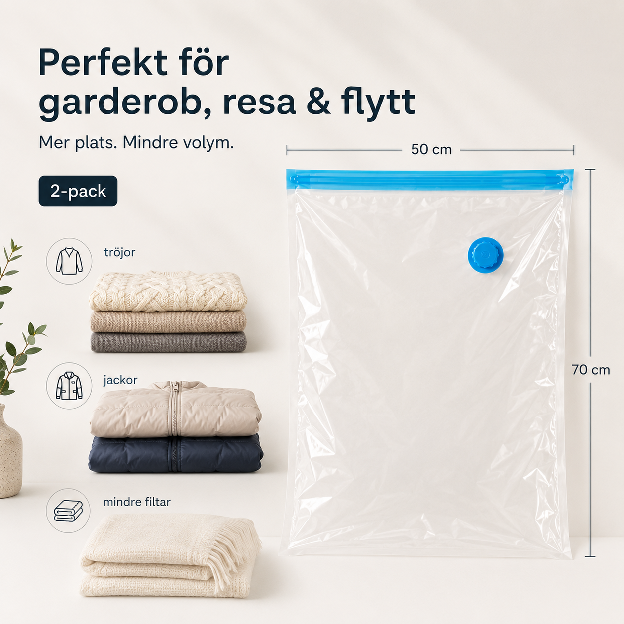 Vakuumpåsar för kläder och textilier – 50×70 cm, 2-pack